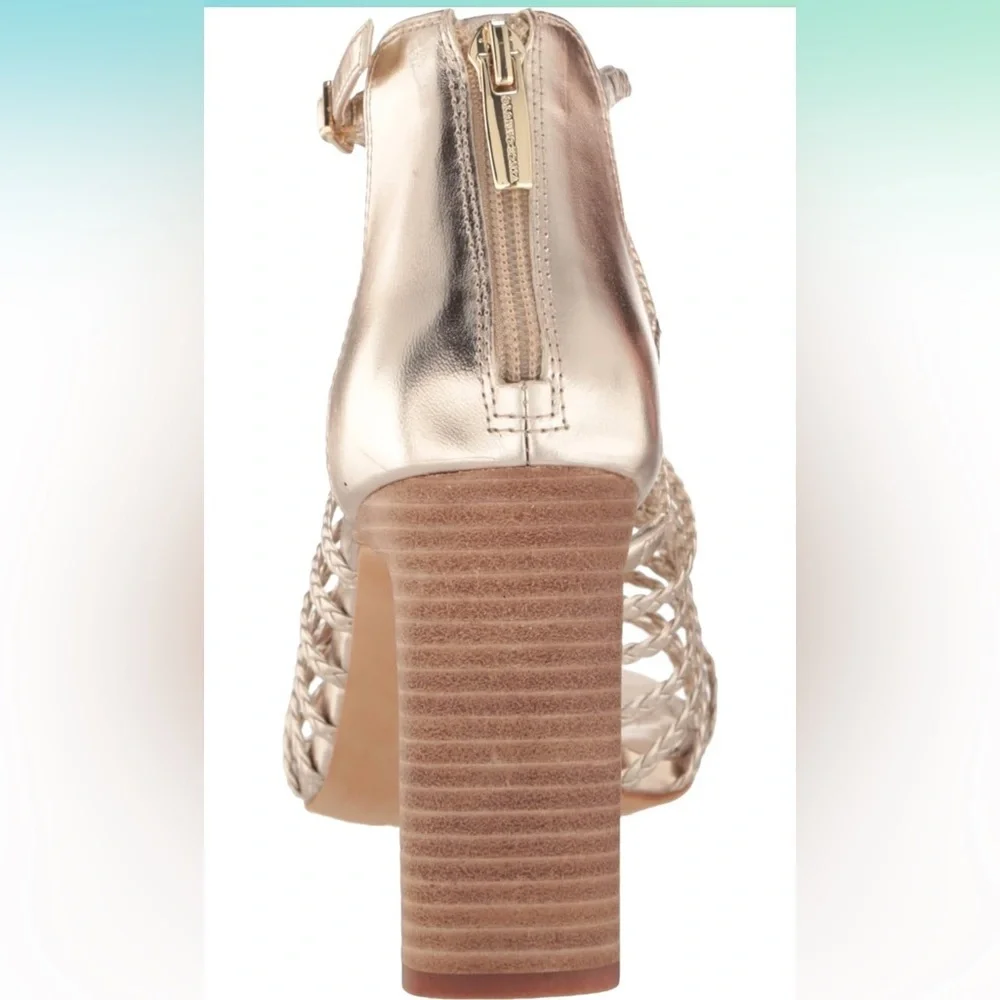 Vince Camuto Metallic Gold Braided Strappy Block Heel Sandals